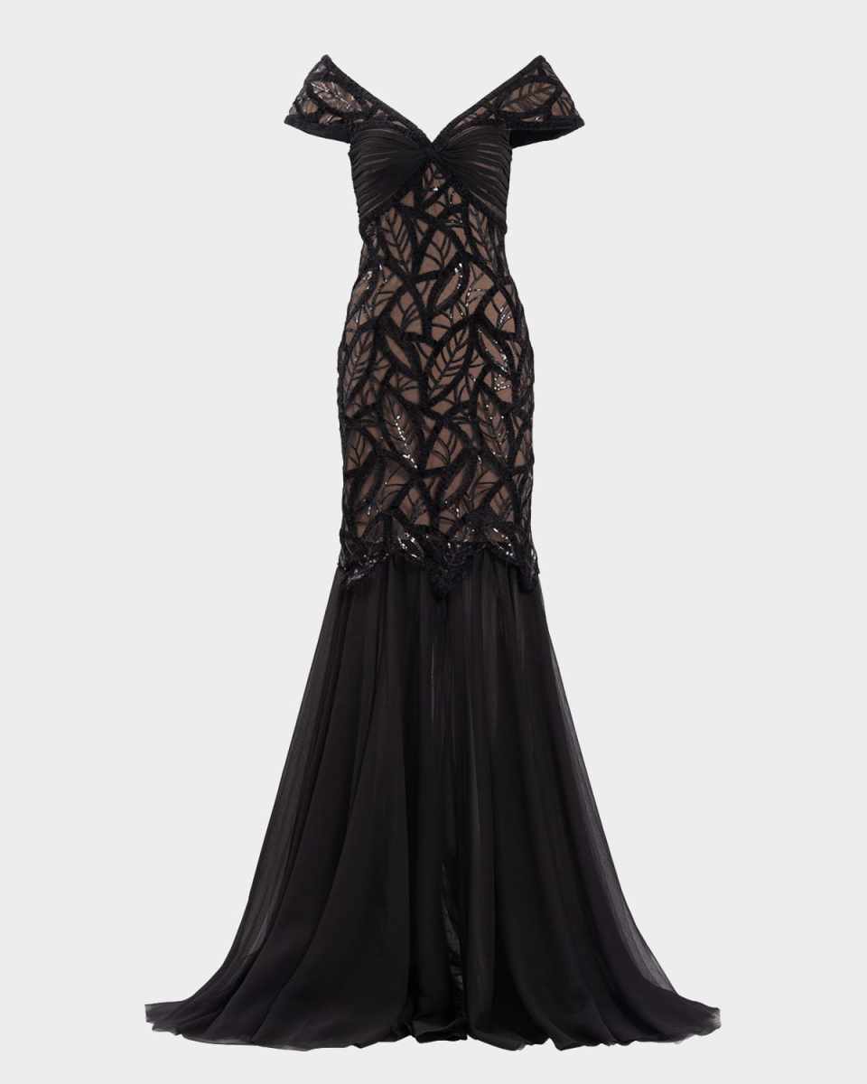 Cap-Sleeve Sequin Velvet Lace Gown